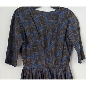 Vintage 50s 60s blue brown atomic tiki pattern day dress
